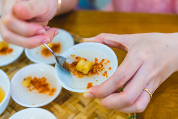 Rice steam in small porcelain cup (banh beo), Vietnam food, Selective focus