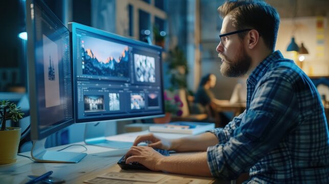 A graphic designer working on a computer with design software. 