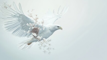 A majestic white eagle in flight with outstretched wings, gracefully soaring through a delicate array of white flowers symbolizing hope, peace, freedom, purity, and renewal.