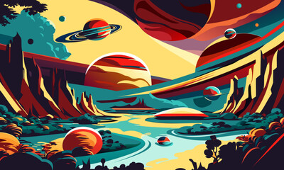 Obraz premium Alien landscape on the theme of planetary objects on a beautiful rocky surface.