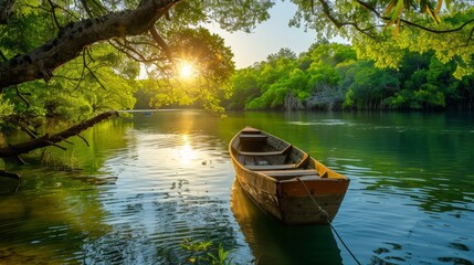 Fototapeta premium beautiful canoe in the middle of a lake surrounded by forest on a sunrise