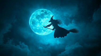 A silhouette of a witch flying on a broomstick under a full moon. This image symbolizes magic, mystery, darkness, and the supernatural. It is perfect for Halloween decorations, spooky stories, and mys