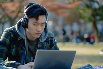 Handsome long legs of Asian men walking, listening to music and working on the street