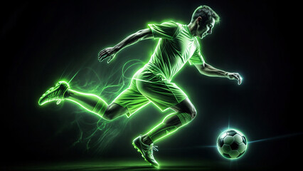 Obraz premium football player dribbling the ball, outline drawing on a black background