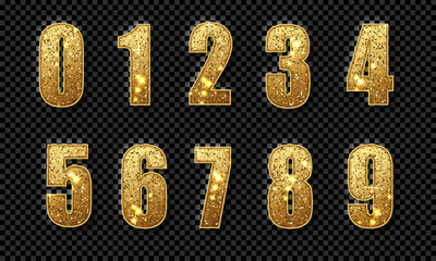 Gold luxsury numbers isolated dark background. Vector decorative glitter design elements for wedding invitations, posters, greeting cards, banners, flyers, postcards, birthday party designs etc