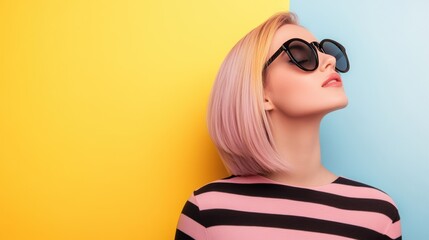 Fototapeta premium Stylish woman with pink hair sunglasses dual-tone background