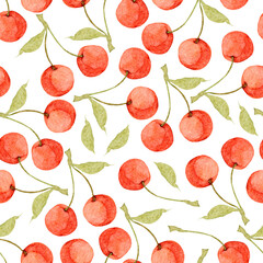 Watercolor pattern with red cherries on white background for fabric.
