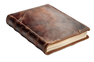 A leather-bound journal, stationary element, photorealistic style, dark colors, isolated white background, transparent background.