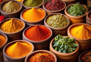 Fototapeta premium colorful wooden containers filled fragrant spices fresh herbs showcasing vibrant culinary ingredients, basil, thyme, rosemary, oregano, parsley, sage