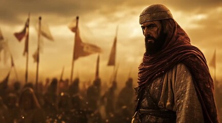 Arabian warrior leader scene with his army in the background, Camera slow motion with different angles