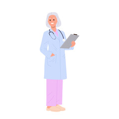 Elderly woman isolated cartoon character wearing lab coat working as doctor of healthcare clinic