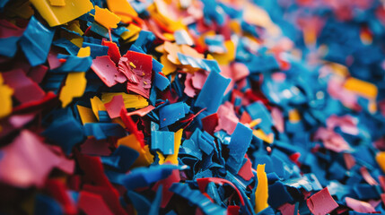 A pile of colorful plastic pieces with a mix of black and red