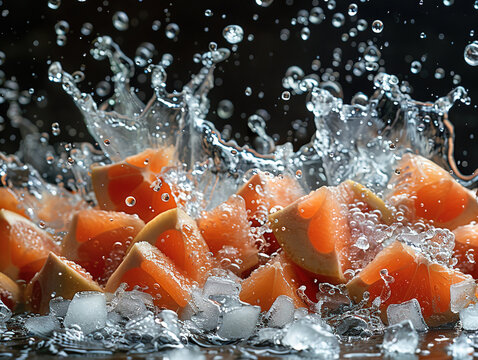 Vibrant fruit splashing with water and ice on elegant black background