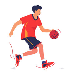 Fototapeta premium Energetic young basketball player in action, leaping with determination and skill. Athletic sports concept ideal for design projects, showcasing strength, agility, and passion in competitive basketbal