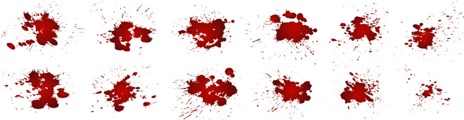 Set of various blood or paint splatters isolated on white background. Happy Halloween decoration,horrible blood drops, creepy splash, spot. Vector illustration