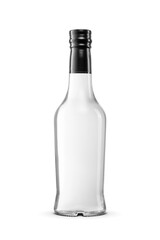 Bottle of distilled beverage isolated. Hard liquor product presentation. Transparent PNG image.