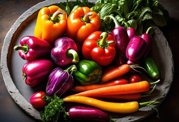 vibrant arrangement fresh vegetables displayed rustic stone platter showcasing abundance colors textures, colorful, nature, healthy, organic, food, variety