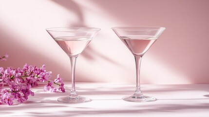 Elegant pink cocktails in martini glasses with spring flowers