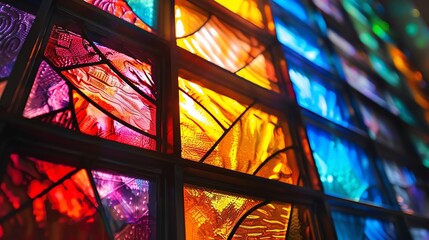 A vibrant stained glass window with intricate patterns in red, orange, yellow, blue, and purple hues.