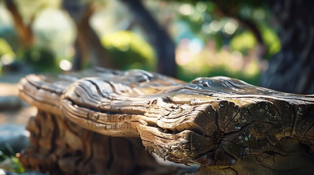 A weathered wooden stump sits in a lush, green forest. The sunlight illuminates the wood's natural texture.