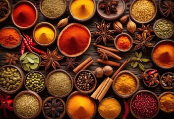 vibrant colorful display various spices arranged rough natural surface celebrating rich textures bold hues, seasoning, herbs, ingredients, culinary