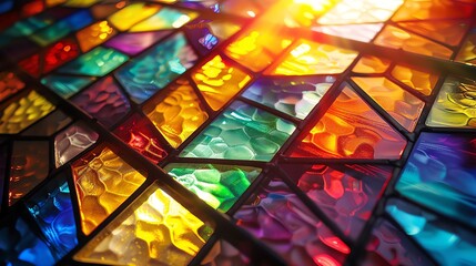 Abstract stained glass window with colorful geometric patterns and light shining through.
