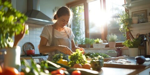 Young Woman Preparing Healthy Salad with Fresh Vegetables in Bright Kitchen