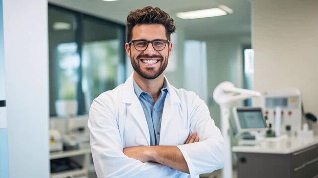 A young male optician doctor wearing eyeglasses smiles cheerfully at the camera