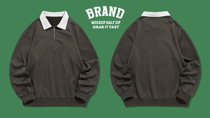 Blank half zip sweatshirt mockup in front and back views, design presentation for print, Half zip sweaters. © resource image