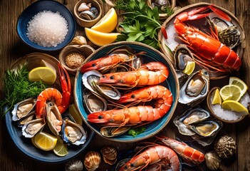 vibrant hues fresh seafood displayed textured surface rich colors natural elements, fish, shrimp, crab, lobster, shellfish, tuna, salmon, oysters, clams