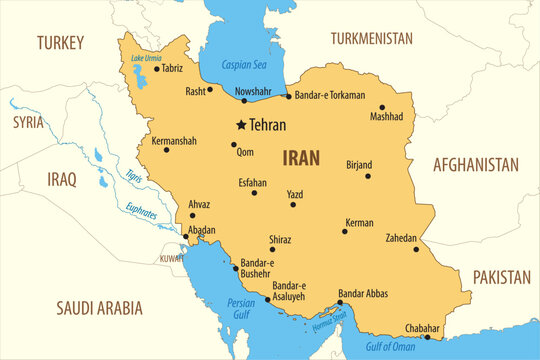 Vector map of the Islamic Republic of Iran with major cities and neighboring countries