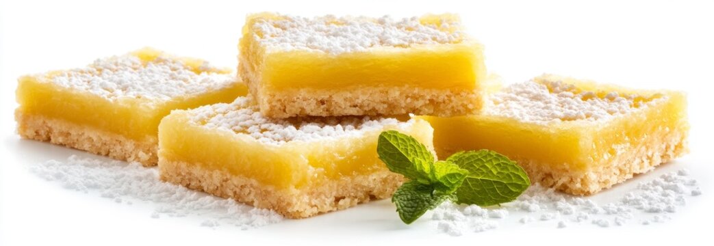 Dessert collection: Lemon bars with tangy citrus filling, white background
