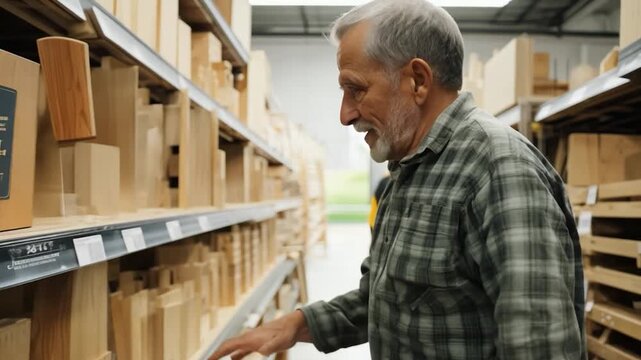 An elderly man inspects wooden pieces while shopping in a spacious hardware store, showcasing a variety of woodworking materials available for selection