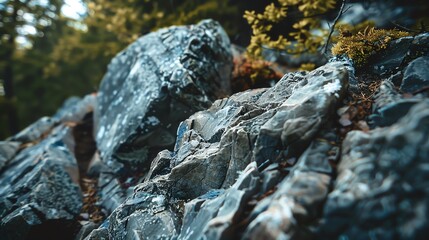 Close-up of textured grey rocks and foliage in a natural setting.