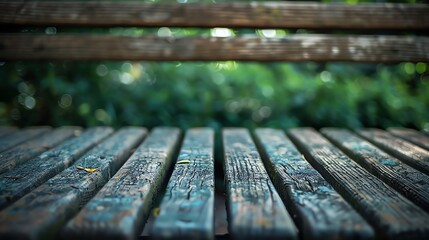 Fototapeta premium Close-up of weathered wooden slats on a park bench with a blurred background of green foliage.