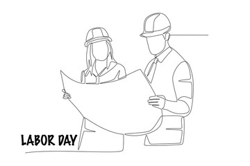 The architect shows the engineering drawings to the project foreman. Labor day concept one-line drawing