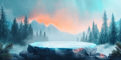 A snowy mountain peak with a flat, icy plateau and a forest in the background.
