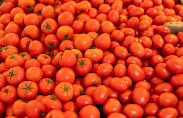 Piles of red tomatoes. Ripe tomatoes to buy at the weekly market in Rotterdam.