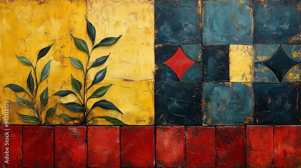 Aufkleber abstract composition showcases bold colors with geometric shapes and stylized leaves, creating a liv