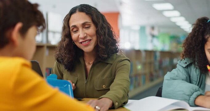Teacher, child and high five in classroom, happy and support for progress, learning and celebration. Woman, kids and cheers with success, solution or education with motivation, trust and development