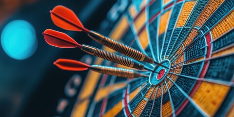 A macro close-up photo of three darts in a dartboard. The darts are in sharp focus with vibrant colors. Darts and leisure/hobby concept.
