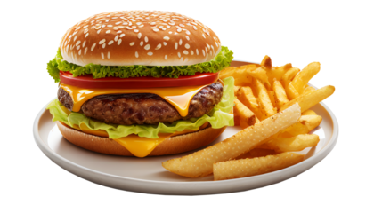 Big Beef burger with french fries on plate isolated on transparent background, png