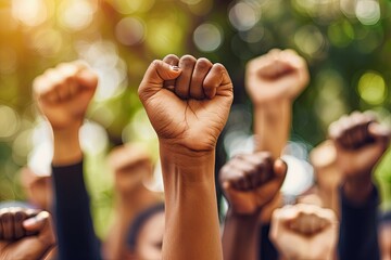 Close-up of raised fists in a crowd, symbolizing unity and strength.