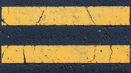 Weathered yellow lines run parallel on a dark asphalt road, showing signs of wear and tear from constant use over time