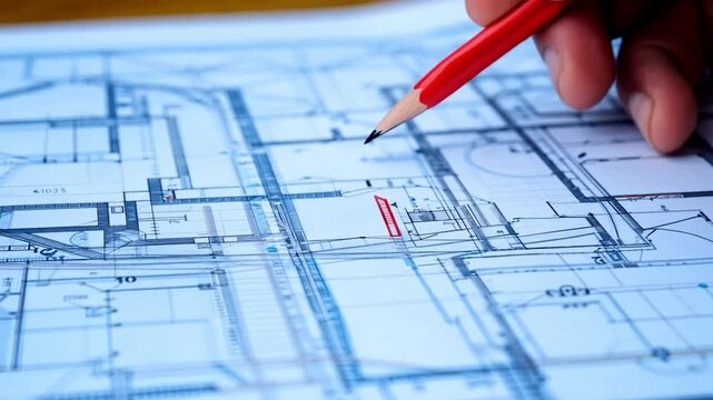 A person is attentively reviewing architectural blueprints with a red pencil, focusing on specific areas for notes and adjustments