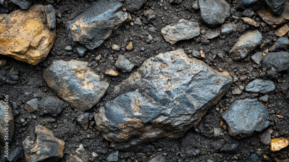 Poster rugged rocks and minerals are scattered across dark soil, illuminated by soft morning light, reveali