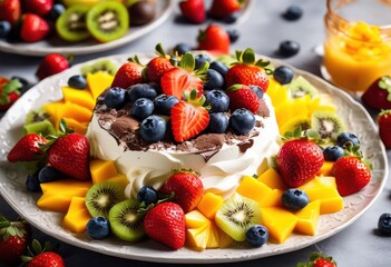 Obraz premium visually stunning dessert displayed vibrant colorful whipped artistic garnishes delightful culinary experience, toppings, fruits, cream, layered, sweet