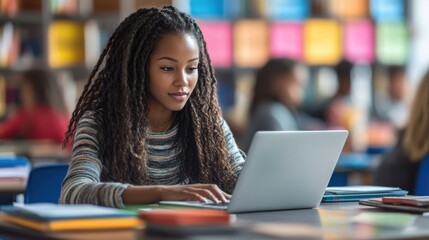 A young teacher of African American descent sitting at her desk in a modern classroom, working on a laptop, preparing lesson plans, and utilizing digital resources to enhance her teaching methods