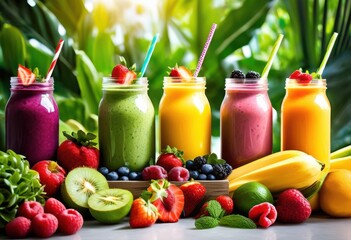 colorful refreshing smoothies served stylish glass containers perfect health enthusiasts, vibrant, fruit, drink, beverage, organic, tropical, blend