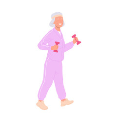 Happy smiling sportive elderly woman cartoon character wearing active wear training with dumbbells
